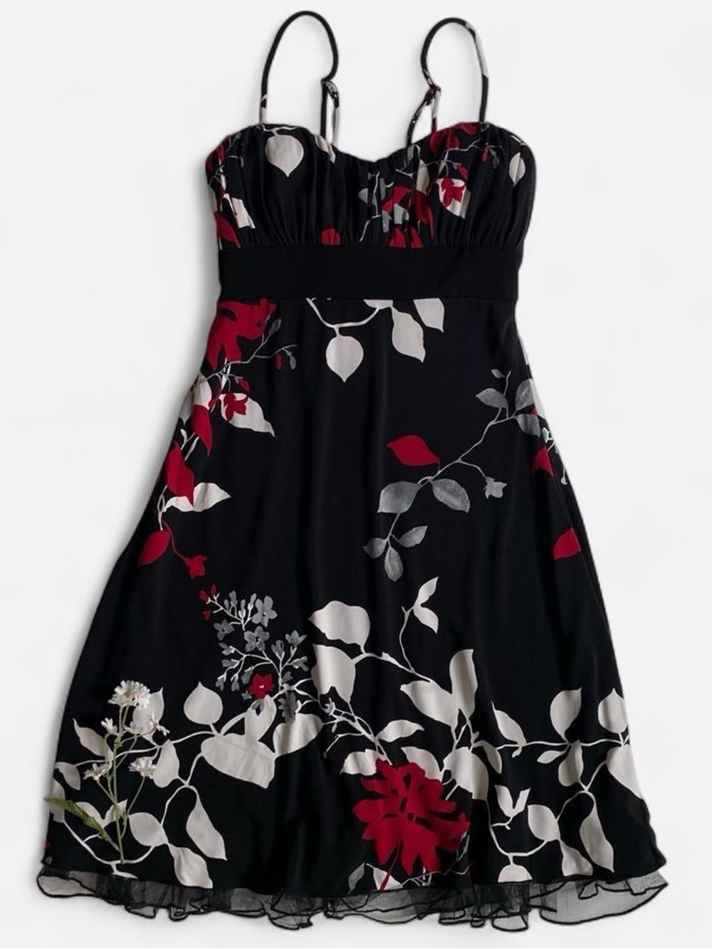 Vintage Y2K Black Floral Spaghetti Strap Sundress with Red & White Florals